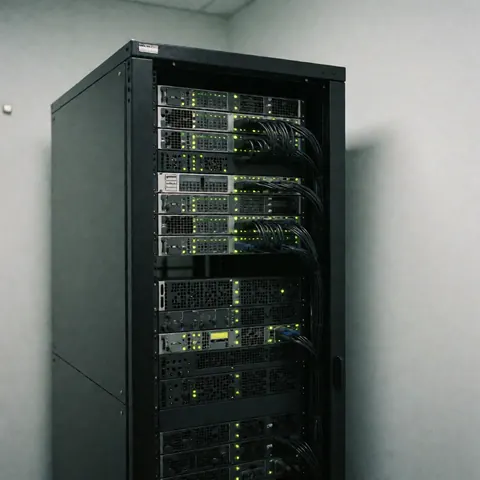 A secure server rack situated in a data center with green indicator lights and cables against gray walls