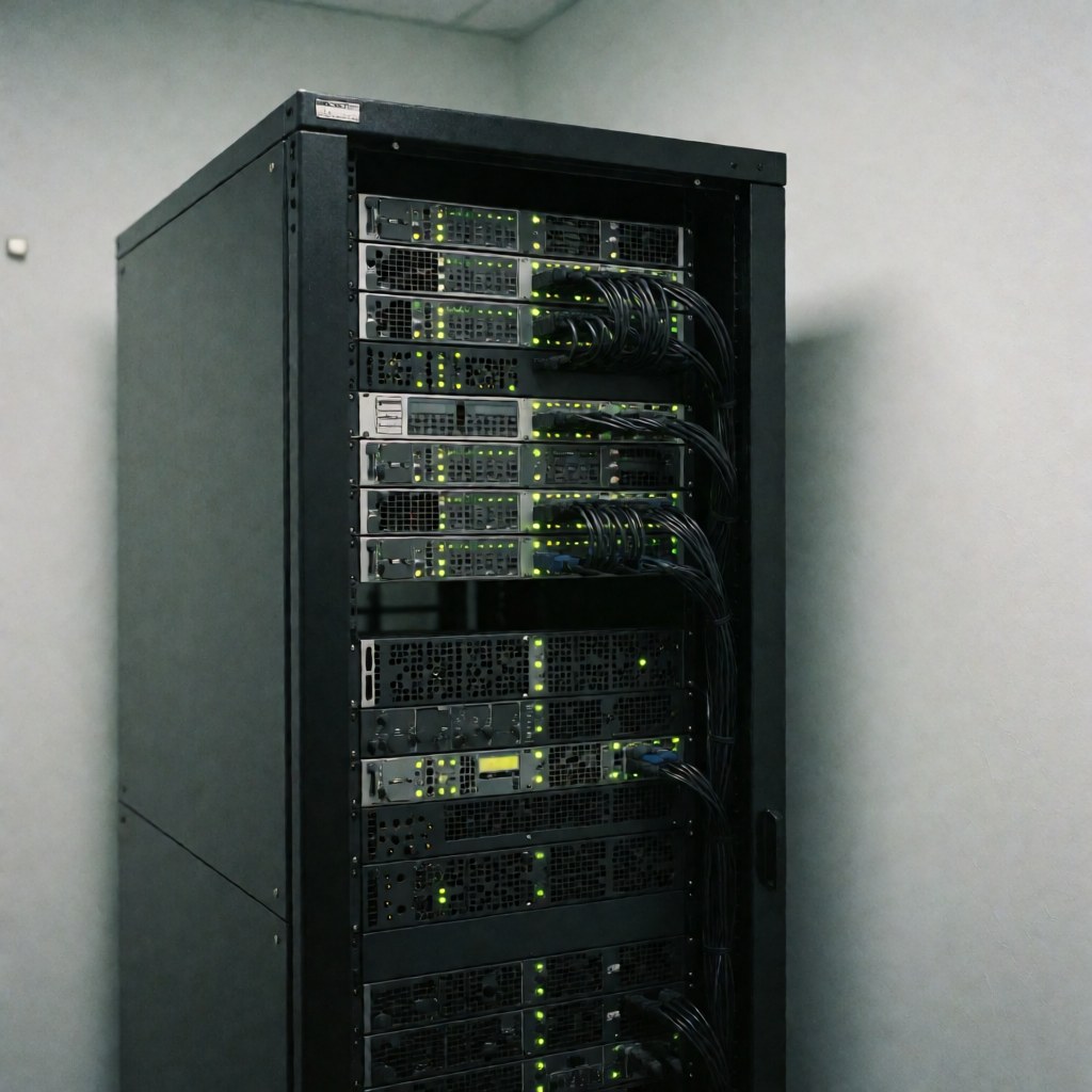A secure server rack situated in a data center with green indicator lights and cables against gray walls