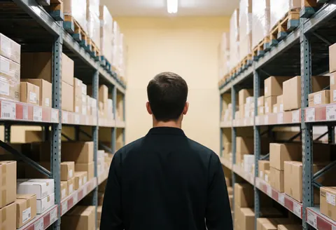 A person walks down a warehouse aisle between metal shelves stacked with boxes, featuring industrial lighting and beige walls.