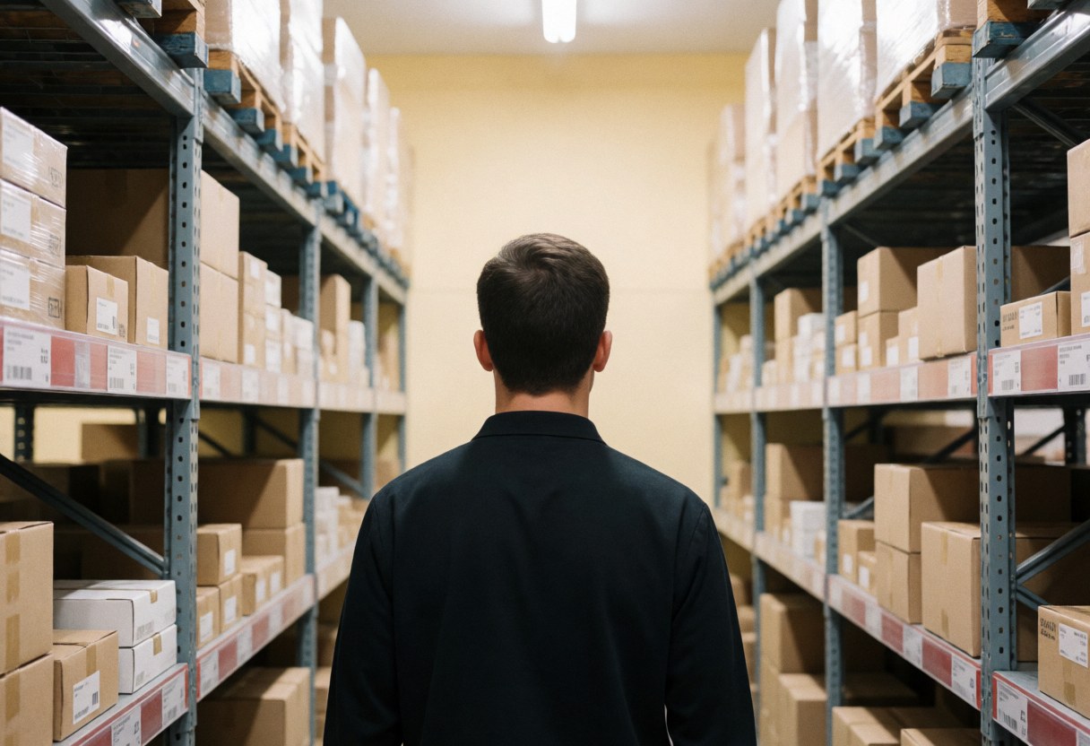 A person walks down a warehouse aisle between metal shelves stacked with boxes, featuring industrial lighting and beige walls.