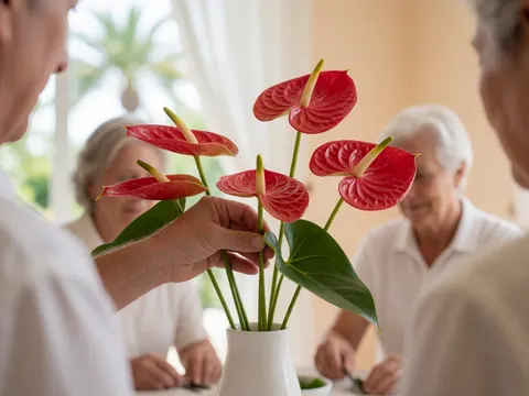 A close-up view of vibrant red anthurium blooms arranged in a sleek white vase, set against a soft beige wall with natural light highlighting the green leaves and wooden surface.