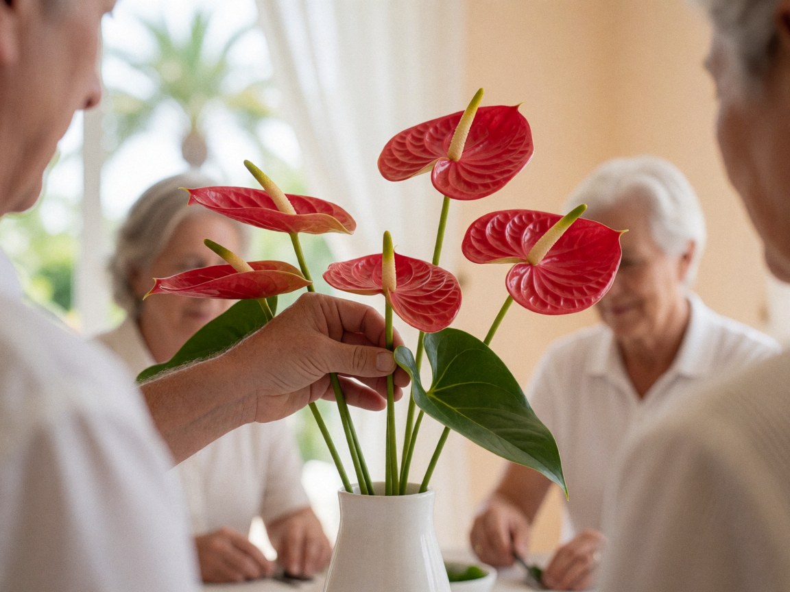 A close-up view of vibrant red anthurium blooms arranged in a sleek white vase, set against a soft beige wall with natural light highlighting the green leaves and wooden surface.
