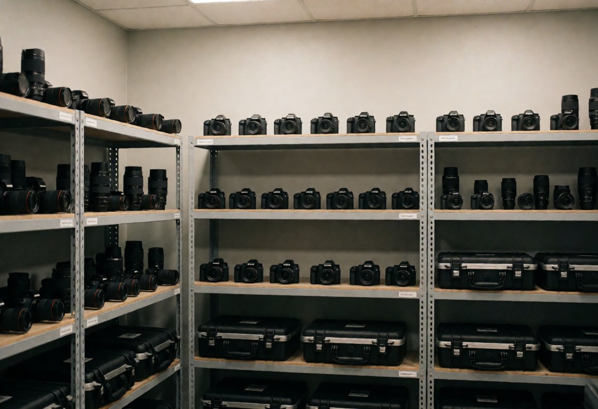 A tidy storage room filled with shelves holding camera gear, lenses, and boxes for professional photography equipment