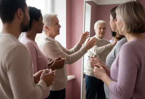 Instructor correcting a student's posture in front of a mirror during a language class with pink walls and natural light