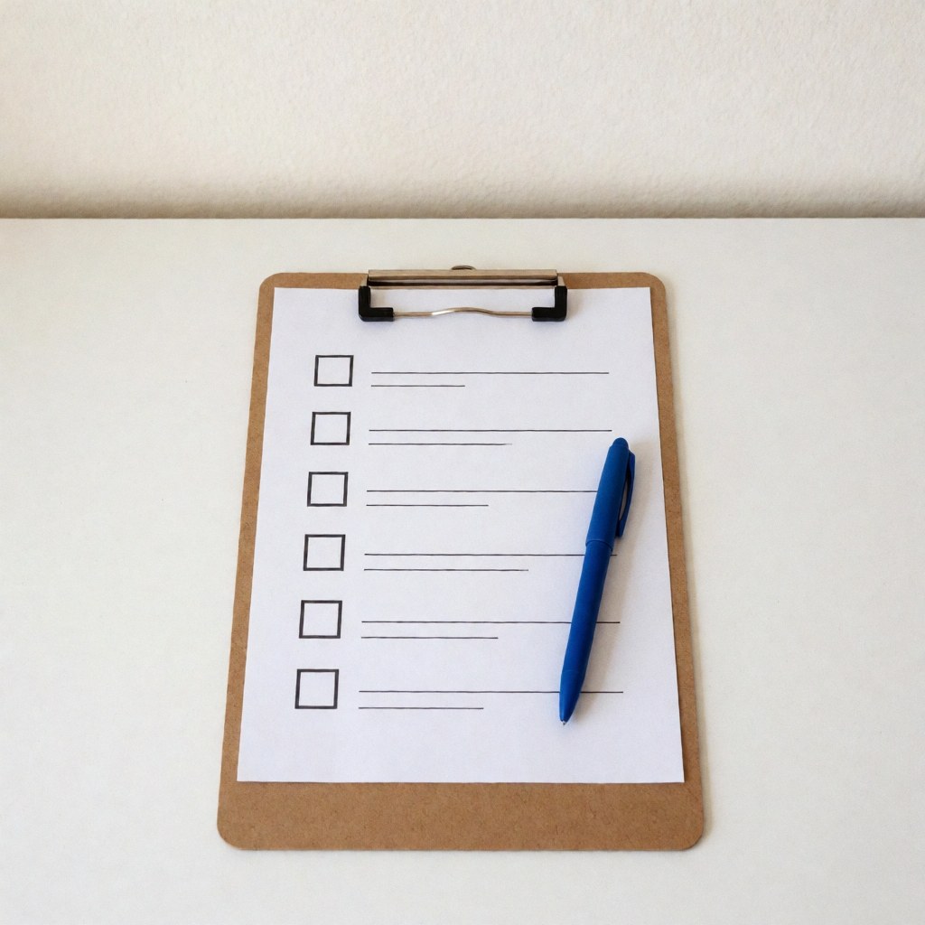 A clipboard with a checklist and a pen resting on a wooden desk surface, symbolizing organization and planning for business consulting tasks.