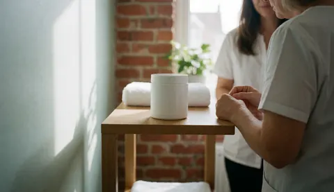 An esthetician attends to a client in a clinic with brick walls, a towel, and a white vase on a wooden table, illuminated by natural light.