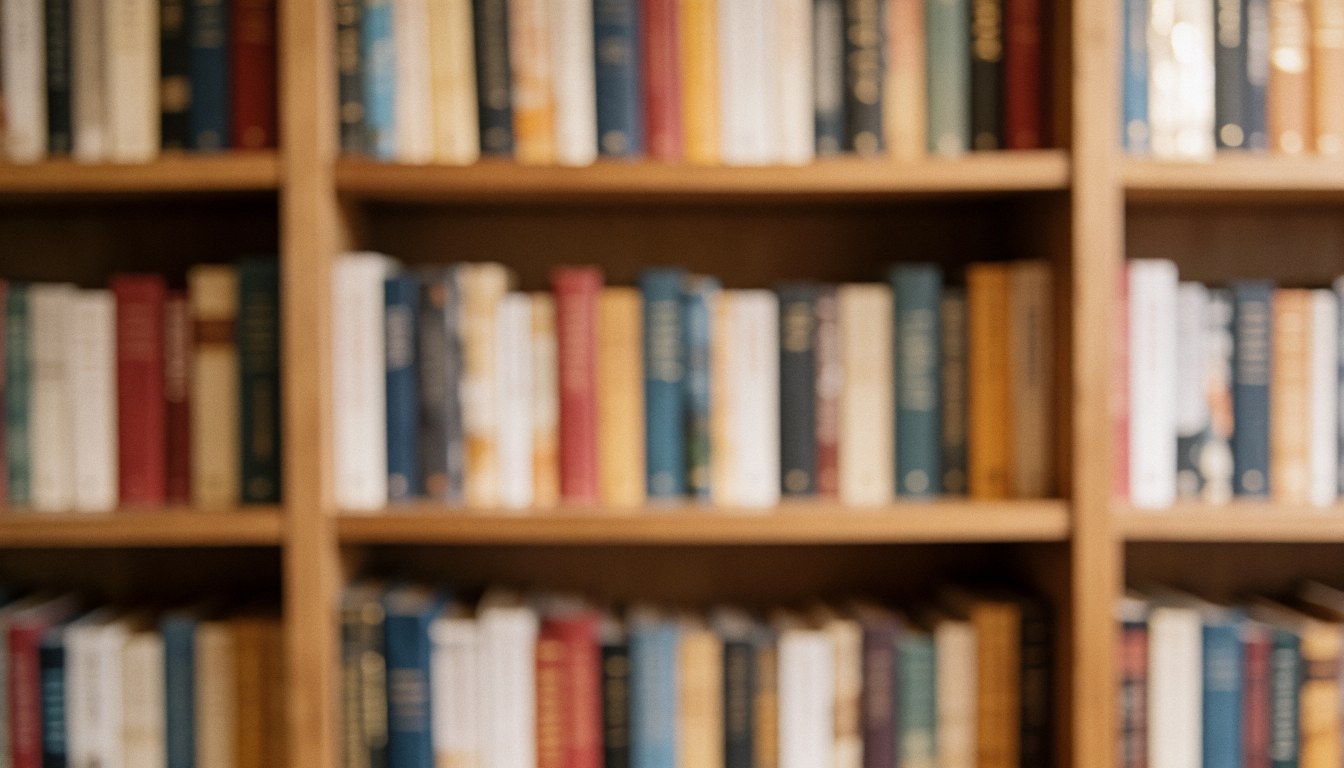 A soft focus view of a wooden bookshelf filled with colorful books, creating a calm and intellectual atmosphere suitable for bookstore text backgrounds.