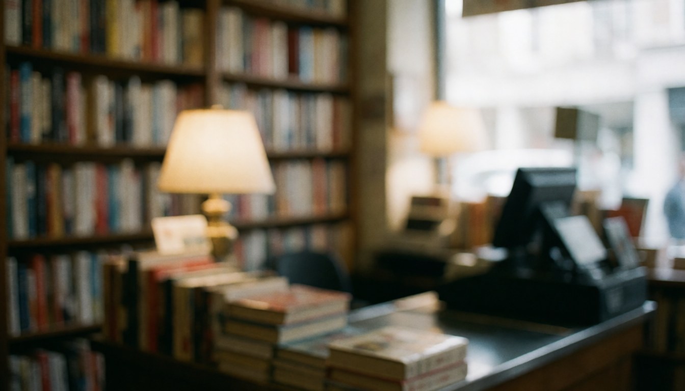A soft focus view of a wooden bookstore counter with books and a small lamp, creating a calm atmosphere for text overlay