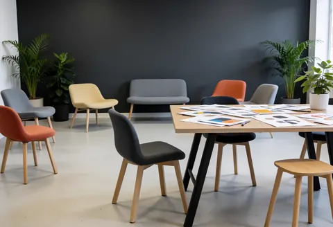 Modern design workspace featuring flexible chairs, a materials table, plants, and gray walls, ideal for software startups.