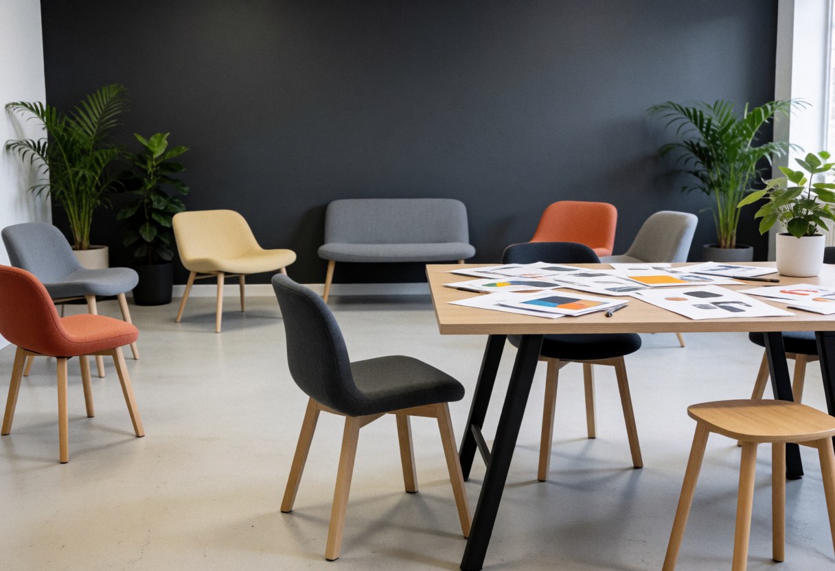 Modern design workspace featuring flexible chairs, a materials table, plants, and gray walls, ideal for software startups.