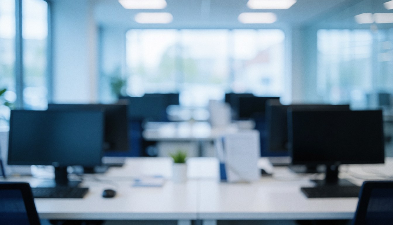 A soft focus view of a clean, modern office workspace featuring empty desks, computer monitors, and chairs near a window with natural light, ideal for travel agency text overlays