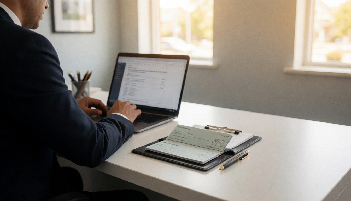 Financial advisor working at a desk with a laptop and checkbook in a calm professional office with natural light and gray wall
