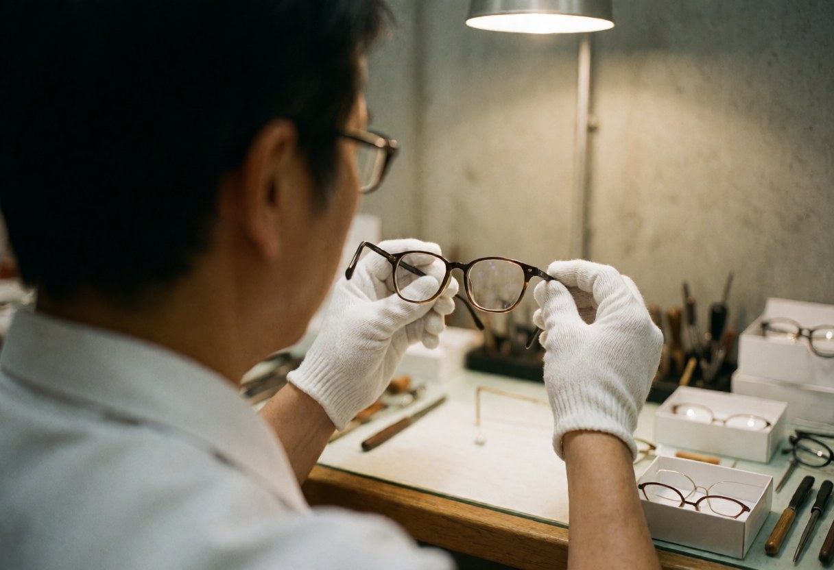 An optician wearing gloves carefully adjusts eyeglasses in a workshop with tools and boxes on a concrete background under warm lighting.