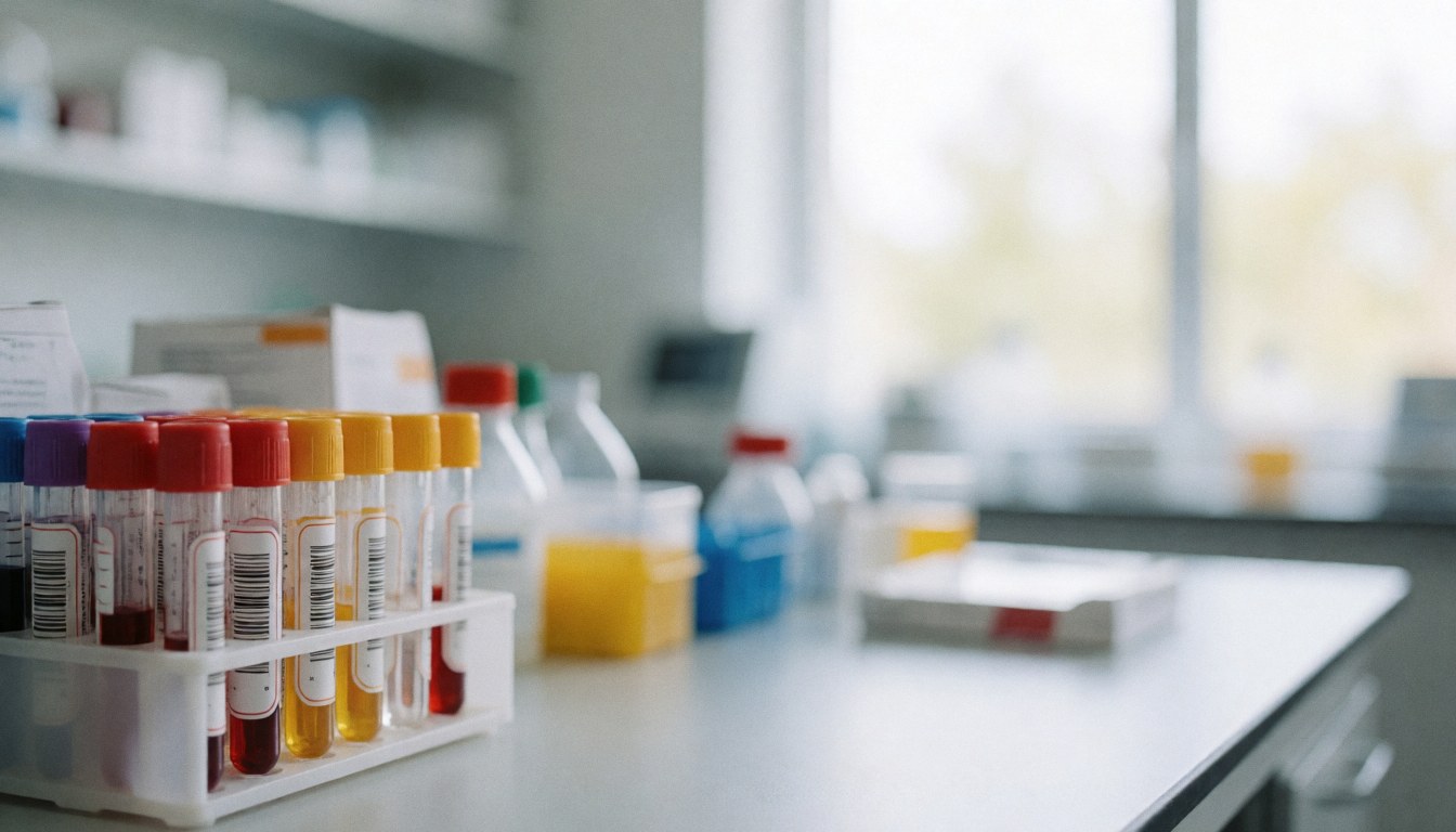 Clinical laboratory background with test tubes and medical equipment, ideal for text overlay. Clean, professional atmosphere with natural light.