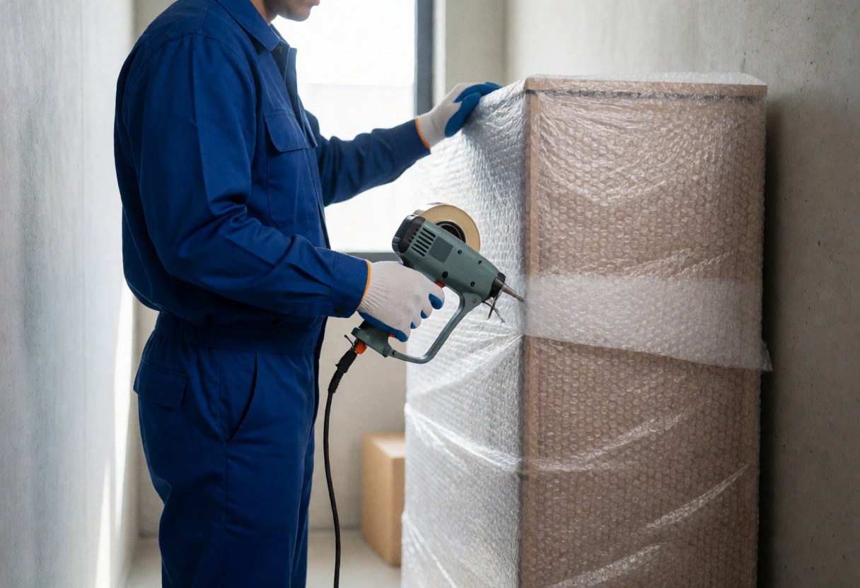 A mover in a blue uniform wraps a piece of furniture with bubble wrap and tape in a concrete room with natural light.