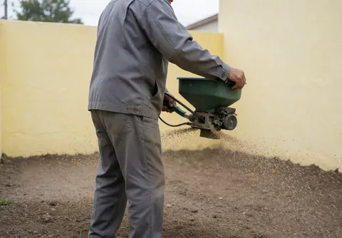 Worker in gray uniform using a manual seeder on bare soil with a yellow wall background for landscaping services