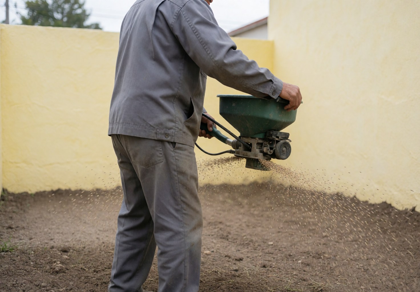 Worker in gray uniform using a manual seeder on bare soil with a yellow wall background for landscaping services