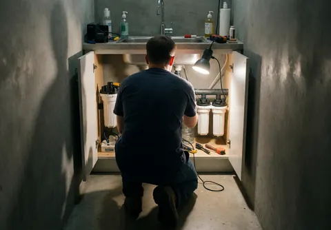 A professional plumber working under a kitchen sink with tools and pipes visible in a service setting