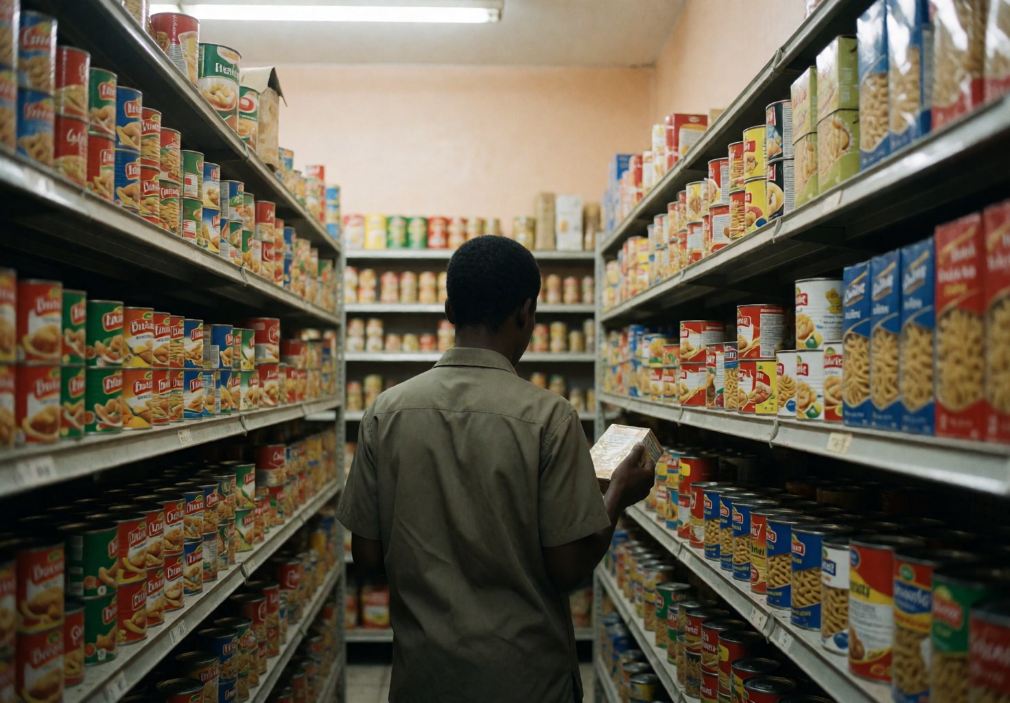 Back view of customer choosing canned goods and pasta boxes on shelves in minimarket with beige walls and functional lighting