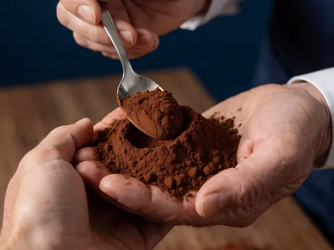 Close-up of a hand holding a spoon filled with fine cocoa powder, showcasing texture against a dark blue and wood background for coffee and baking products.