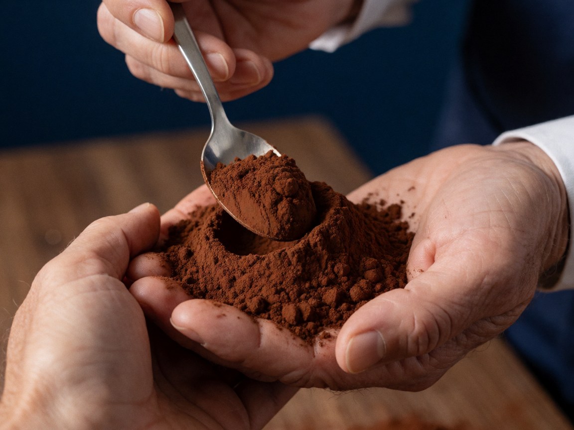 Close-up of a hand holding a spoon filled with fine cocoa powder, showcasing texture against a dark blue and wood background for coffee and baking products.