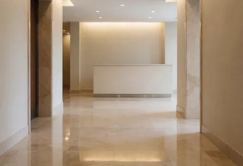Clean office corridor featuring polished marble flooring, beige walls, and warm lighting creating a professional atmosphere