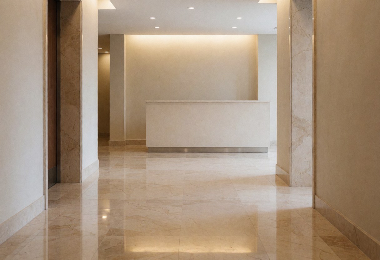 Clean office corridor featuring polished marble flooring, beige walls, and warm lighting creating a professional atmosphere