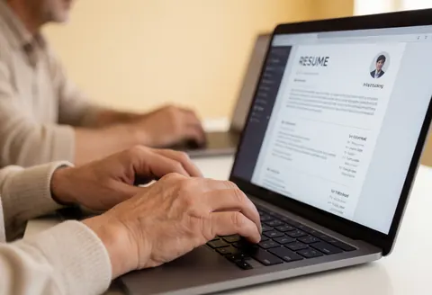 Close-up of hands typing on a laptop keyboard while reviewing a digital resume in a beige office setting, highlighting the recruitment process.