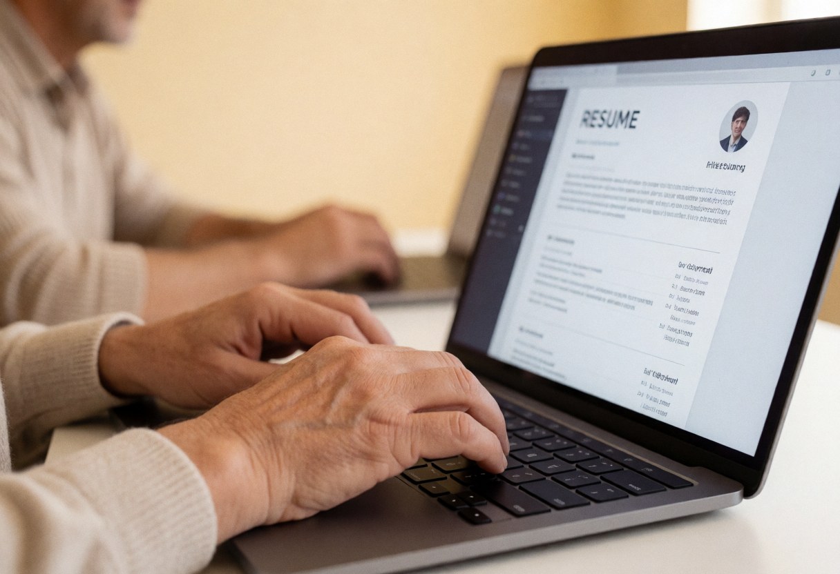 Close-up of hands typing on a laptop keyboard while reviewing a digital resume in a beige office setting, highlighting the recruitment process.