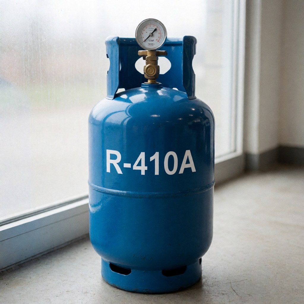 Blue metal tank containing R-410A refrigerant gas used for air conditioning maintenance and installation in an industrial setting