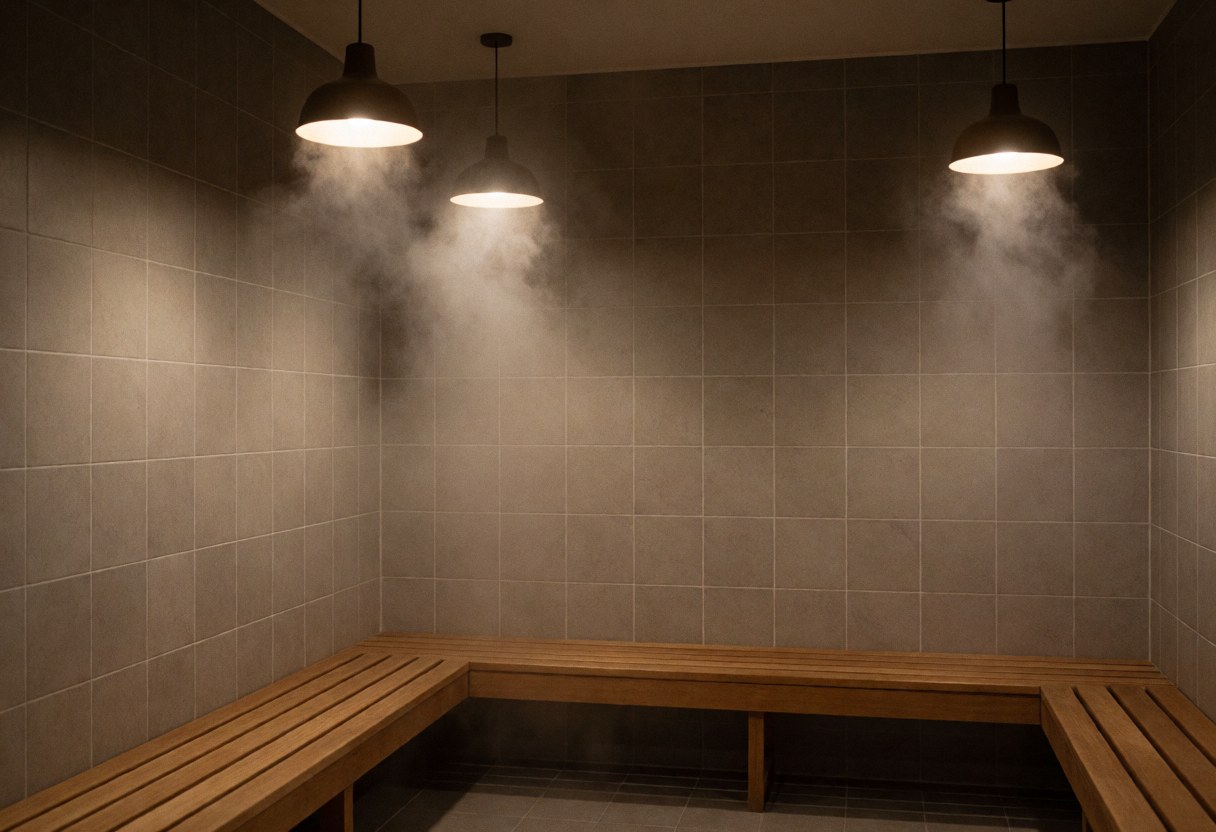 A wooden bench inside a steam room featuring gray tiled walls and hanging lights illuminating the steam for a relaxing atmosphere.