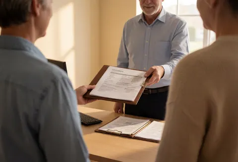 A professional hands a folder containing a report to a client in a bright office with natural light and a collaborative atmosphere.