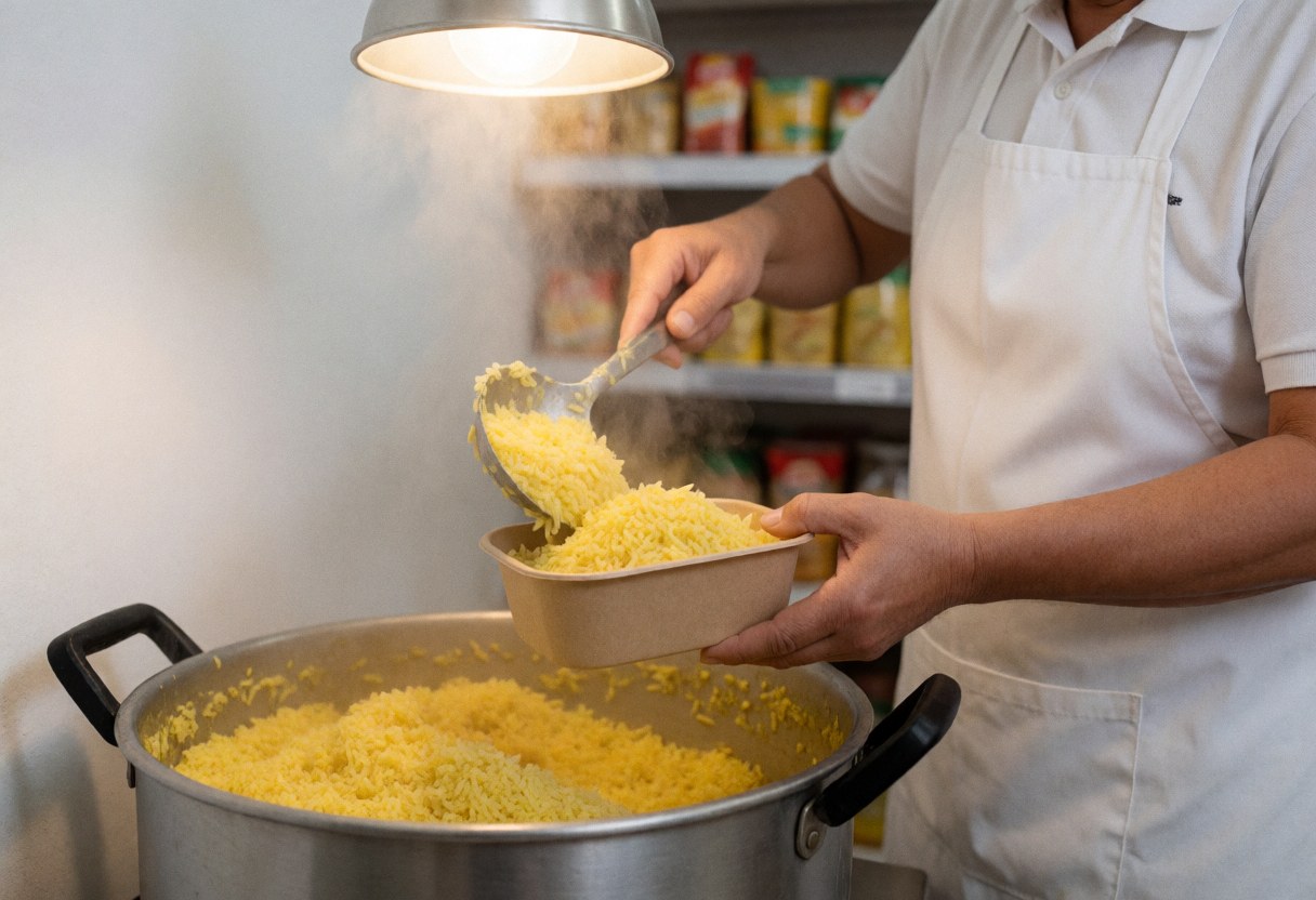 A worker uses a ladle to serve steaming hot rice from a large pot into a plastic container at a minimarket with blurred shelves in the background.