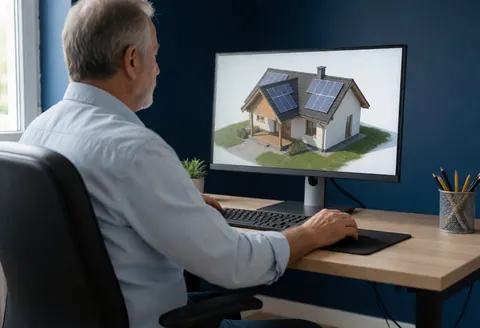 Professional engineer reviewing 3D solar panel house design on a monitor in a bright office with blue walls.