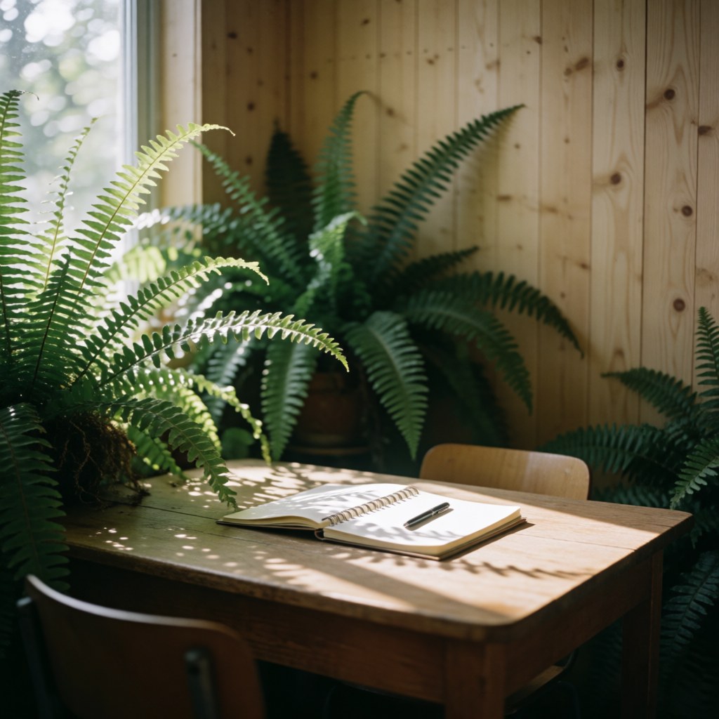 A serene home office desk featuring a notebook, books, and potted plants illuminated by soft natural window light on a light wood surface