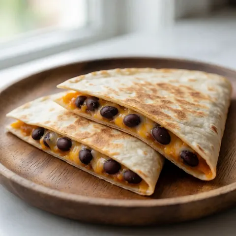 Two black bean and cheese quesadillas served on a wooden plate with melted cheese under natural light