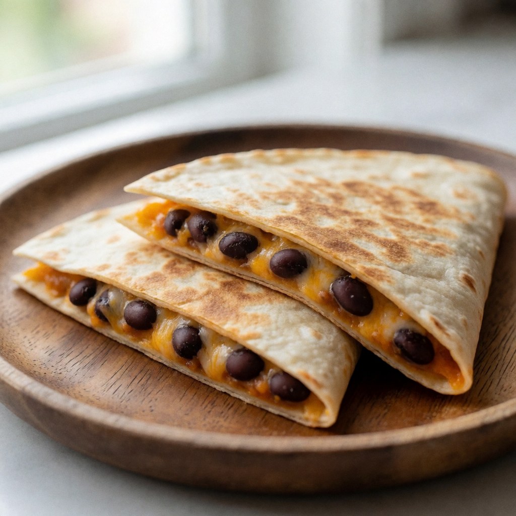 Two black bean and cheese quesadillas served on a wooden plate with melted cheese under natural light