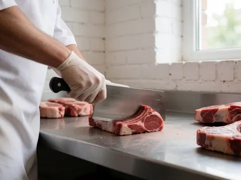 Close-up view of fresh raw lamb meat portions arranged on a clean stainless steel surface in a grocery store or butcher shop setting