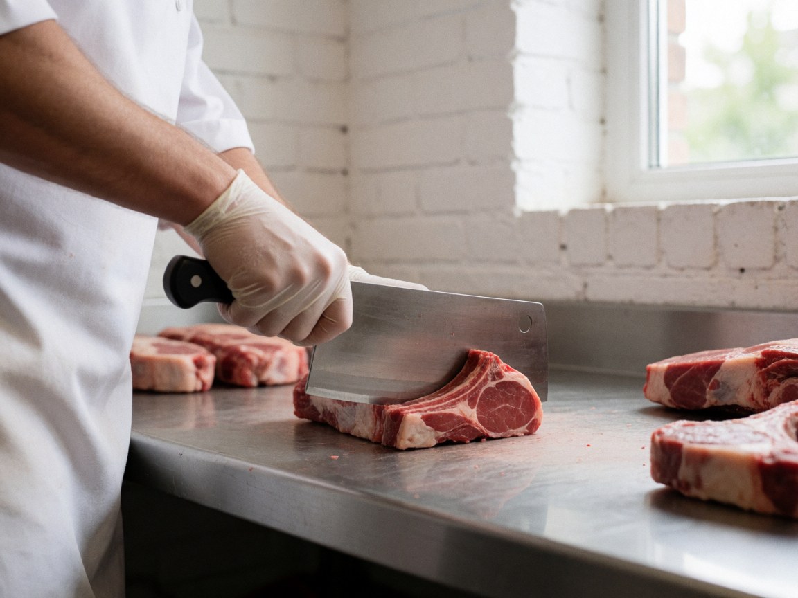 Close-up view of fresh raw lamb meat portions arranged on a clean stainless steel surface in a grocery store or butcher shop setting
