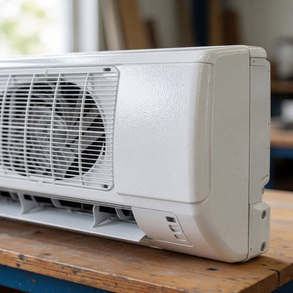 Close-up of a salt-resistant indoor air conditioning unit being installed, highlighting its corrosion-resistant design suitable for humid environments.
