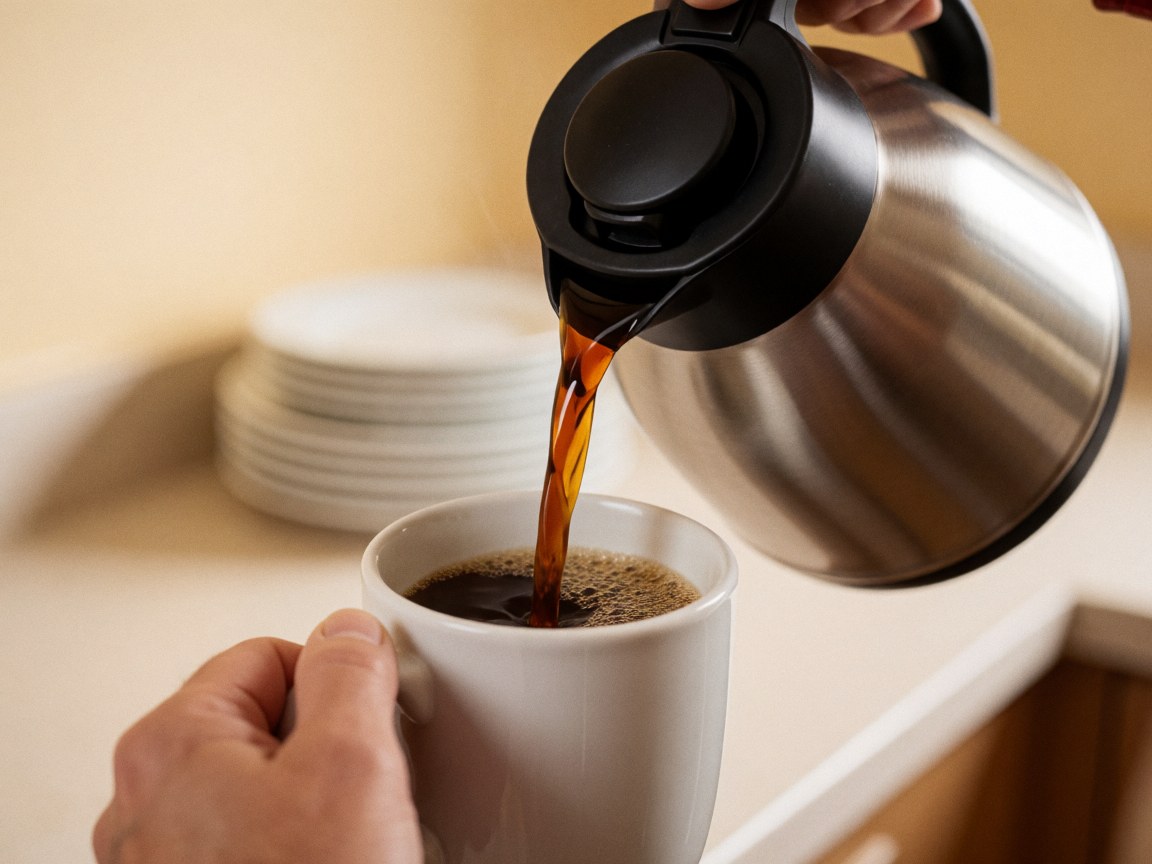 A close-up view of hot coffee in a ceramic cup, showing steam rising from the surface, placed on a kitchen counter with natural lighting.