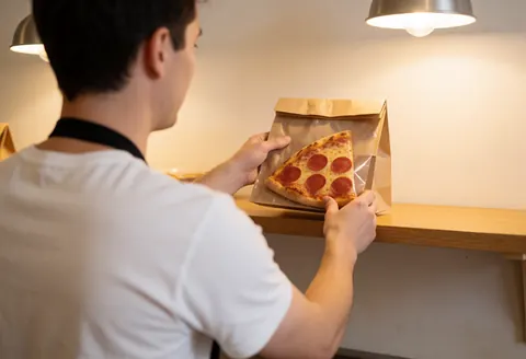 Worker puts a pepperoni pizza into a paper bag on a wooden table with warm lighting and a blurred background for fast food service.