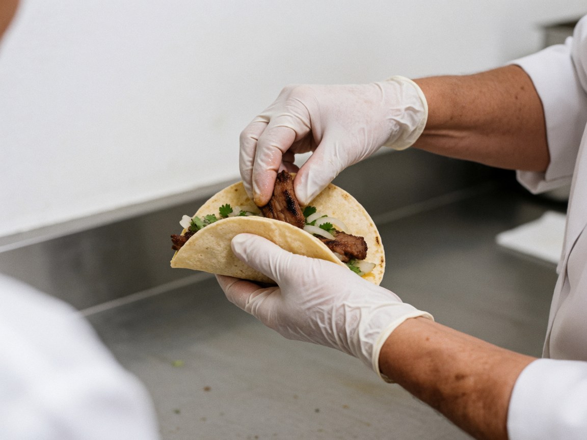 Close-up view of gloved hands preparing a fresh taco with grilled meat, cilantro, and onion on a stainless steel surface for fast food service