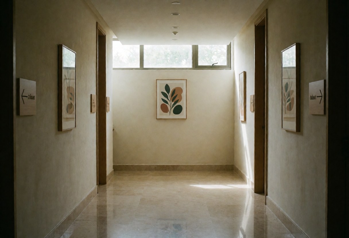 A quiet spa entrance corridor featuring stone flooring, wooden accents, botanical decor, and directional signage in soft beige and green tones.