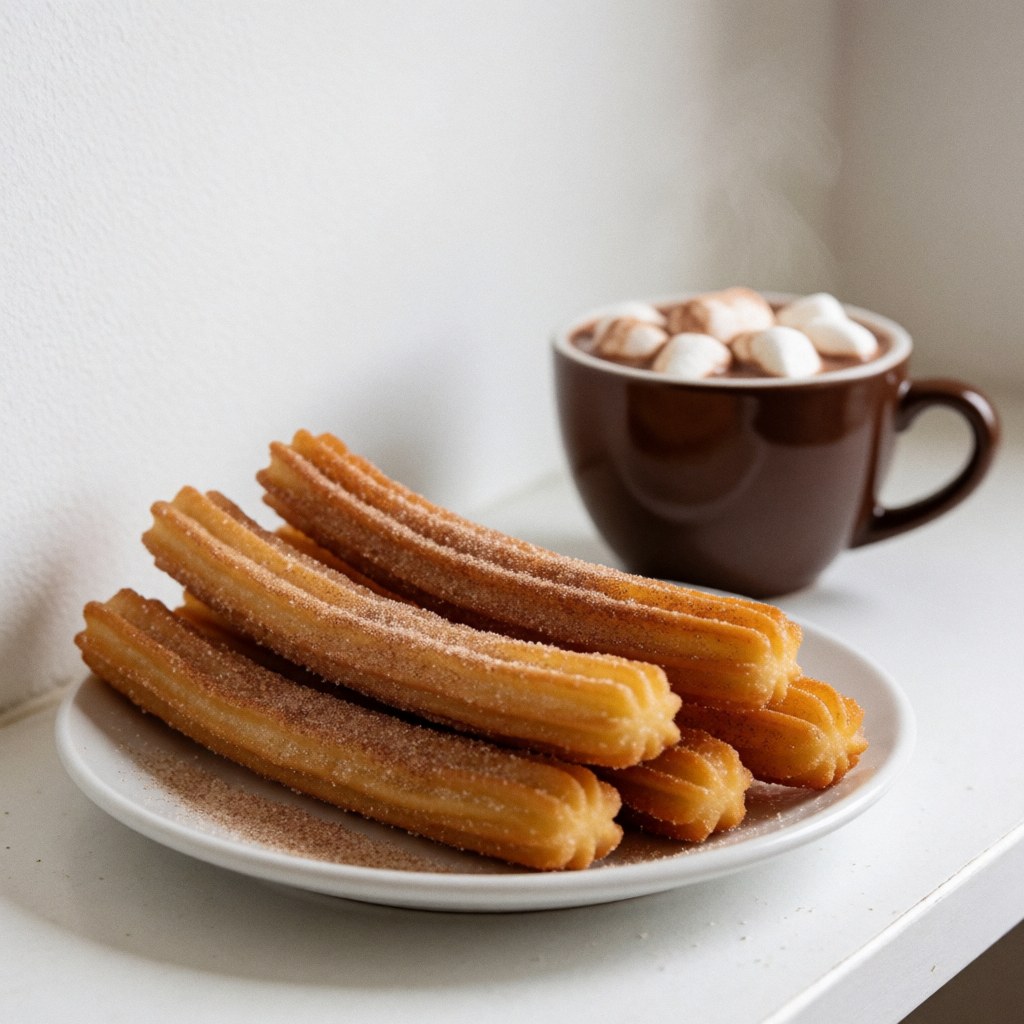 Plate of golden churros dusted with sugar and cinnamon beside a mug of hot chocolate with marshmallows and steam on a white background