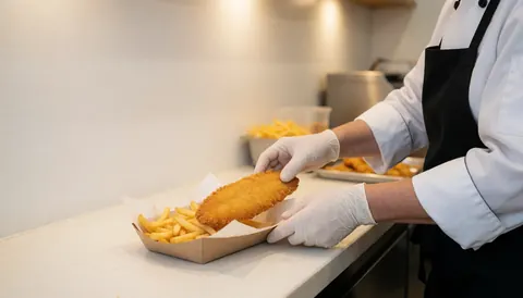 Chef with white gloves serves fried steak over fries in a paper box in a clean kitchen with text space