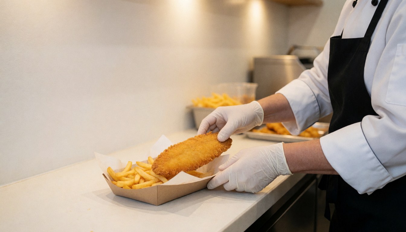 Chef with white gloves serves fried steak over fries in a paper box in a clean kitchen with text space