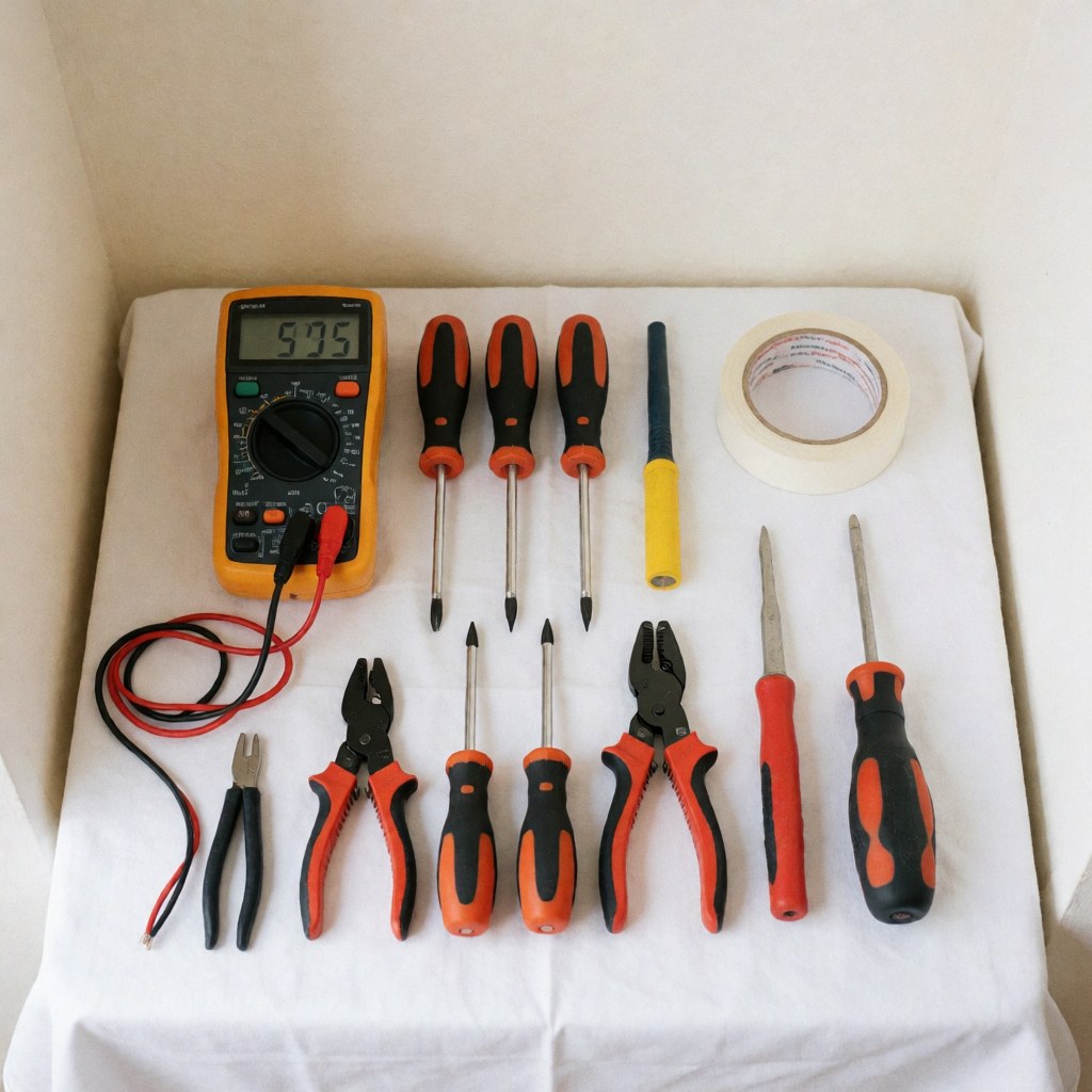 A neatly arranged electrician repair kit containing a multimeter, wire cutters, and a screwdriver on a work surface