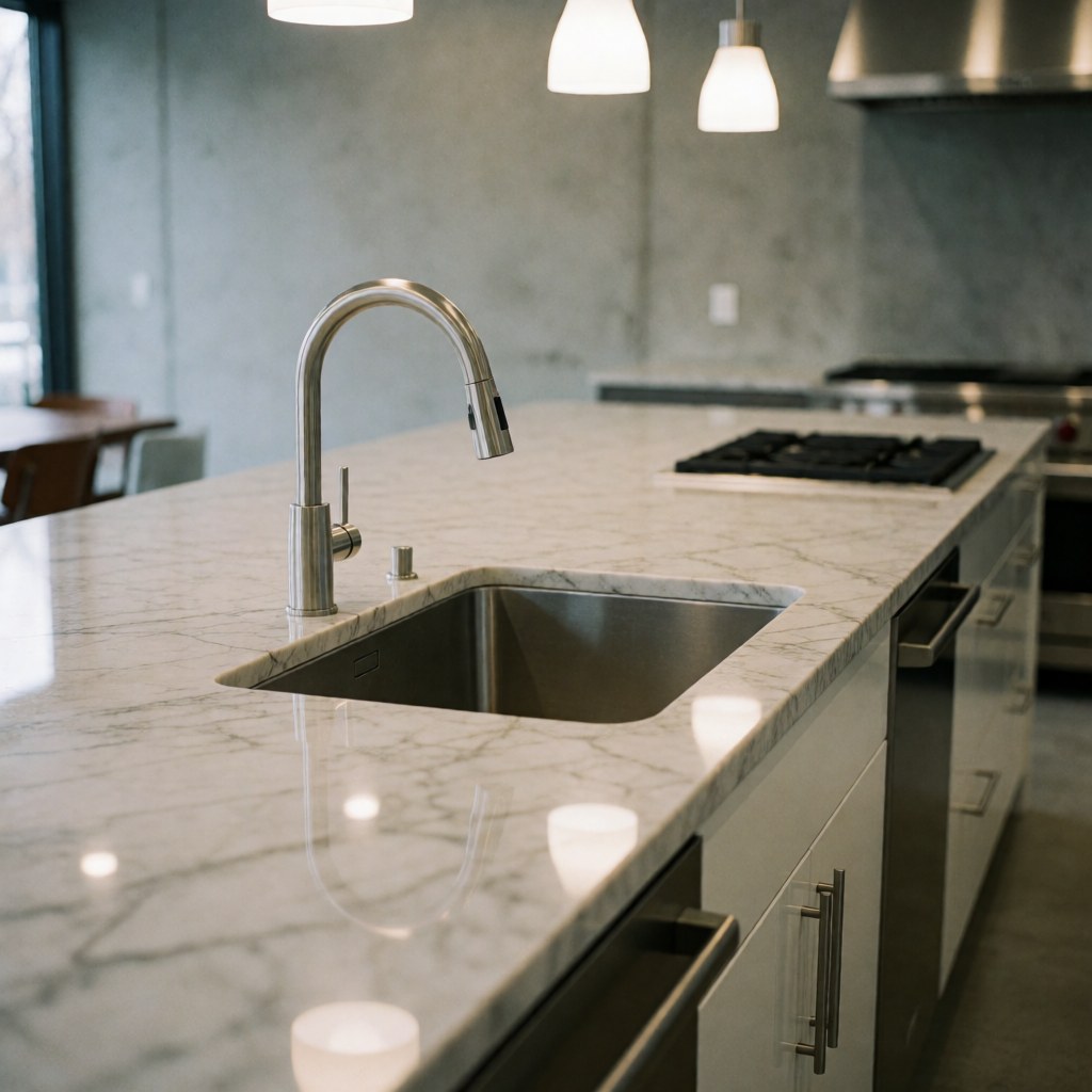 Modern kitchen featuring a polished marble countertop, stainless steel sink, concrete walls, and warm lighting in a minimalist design.