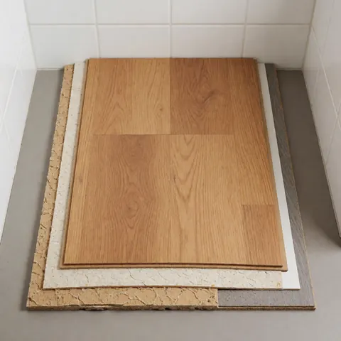 Detailed view of laminate flooring samples showing the layered construction and edge profile for construction material reference